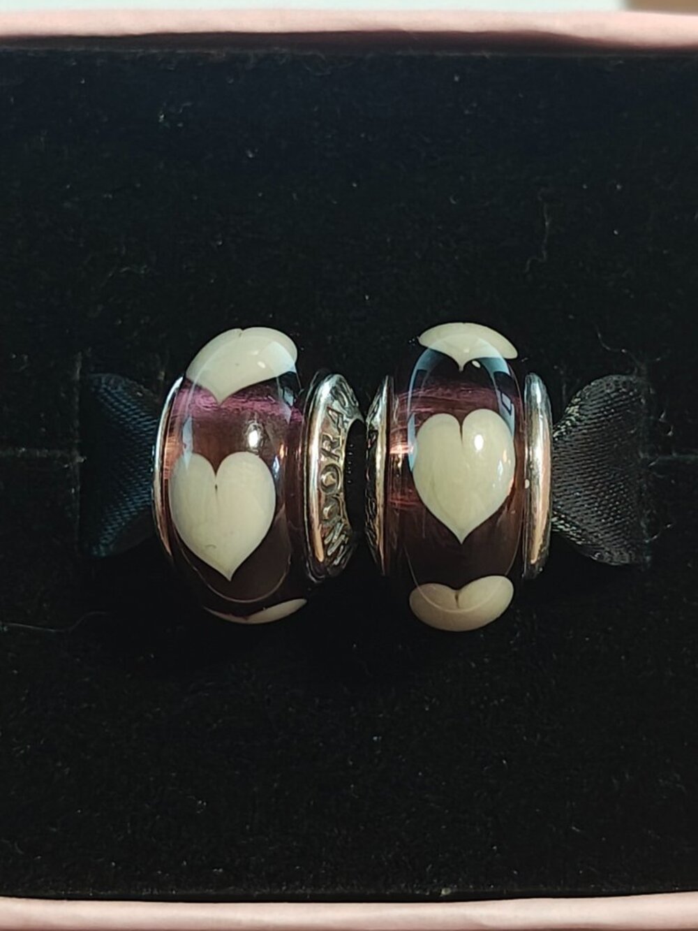 Authentic Pandora Retired Violet Murano Glass Beads with Grey Hearts – 790659